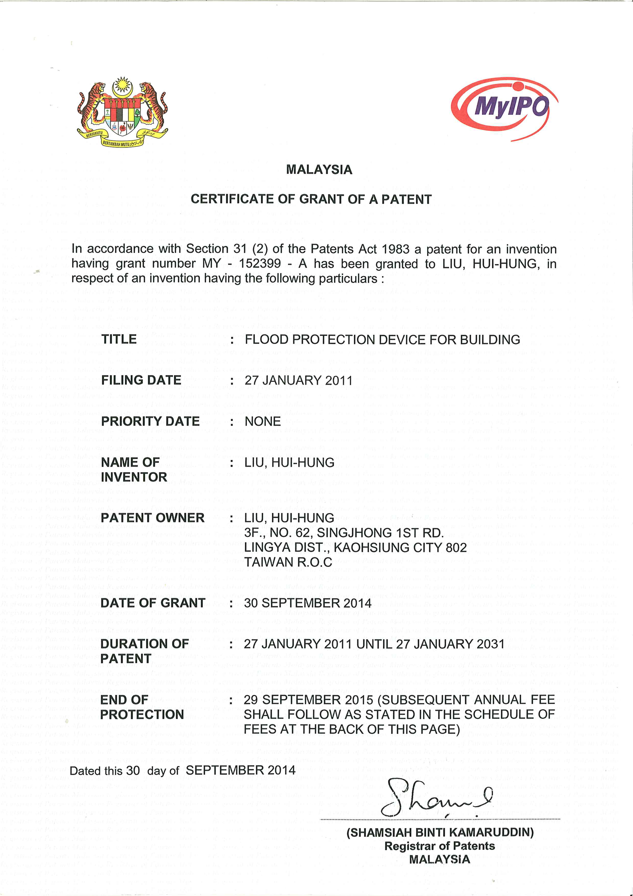 Malaysia Patent Certification - FloodShield PH