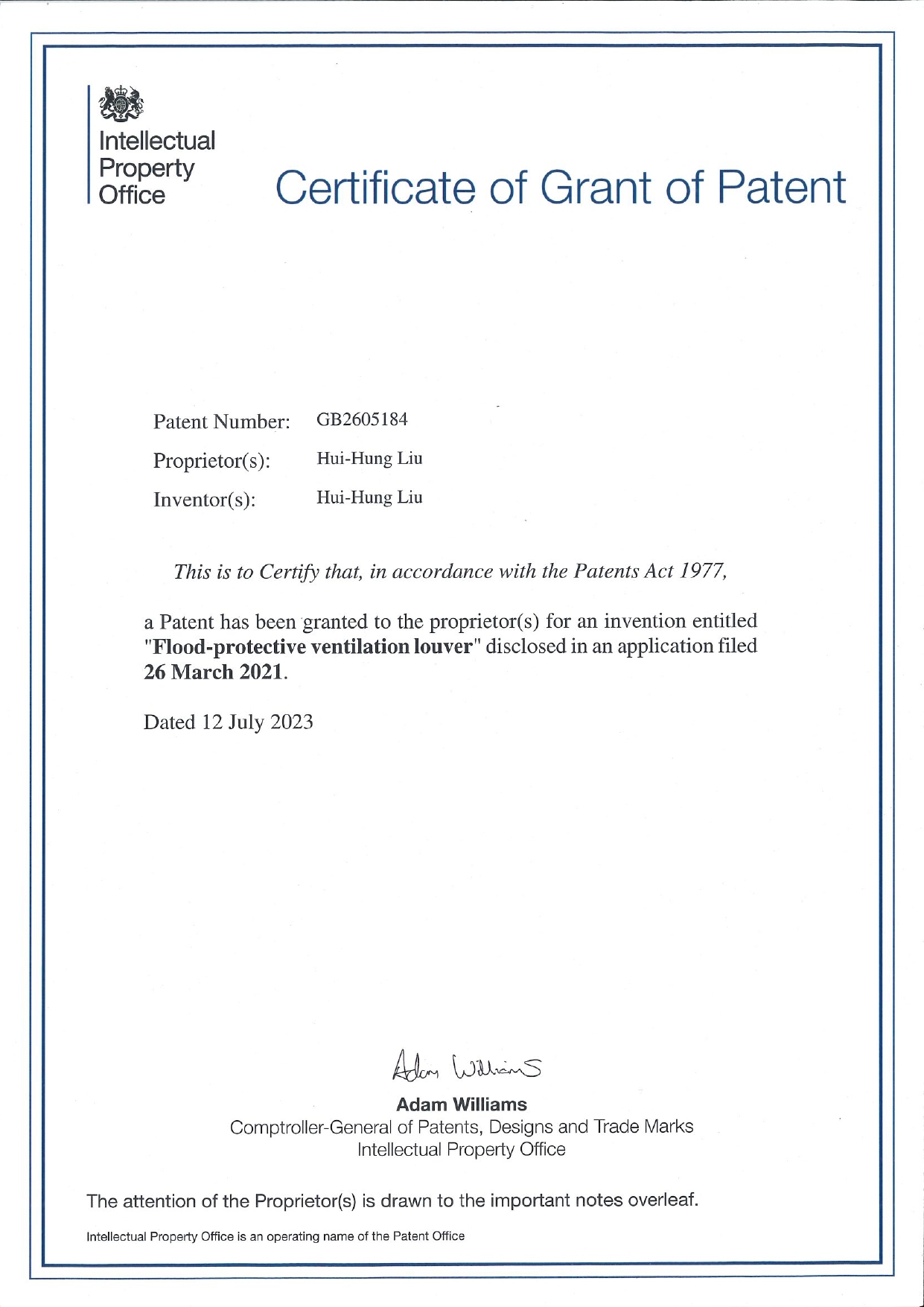 United Kingdom UK Patent Certification - FloodShield PH
